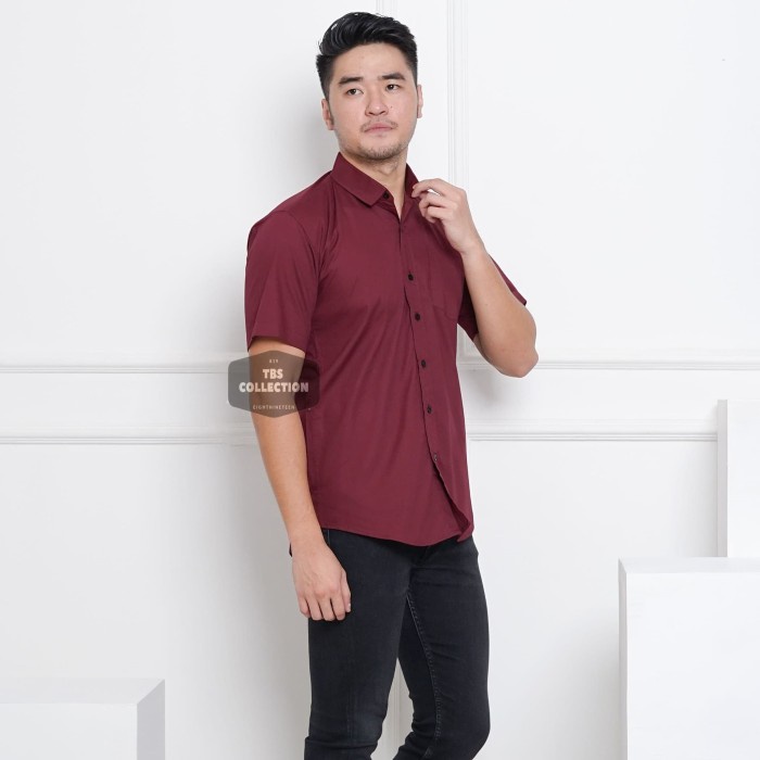kemeja Kemeja Lengan Pendek Pria Merah Maroon Red Maroon Cowok Casual 3245 - Maroon, M(U1H8) Best Se