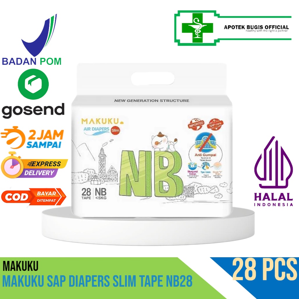 MAKUKU SAP Diapers Slim Tape NB28 / Popok bayi Tipis SAP anti gumpal cepat kering