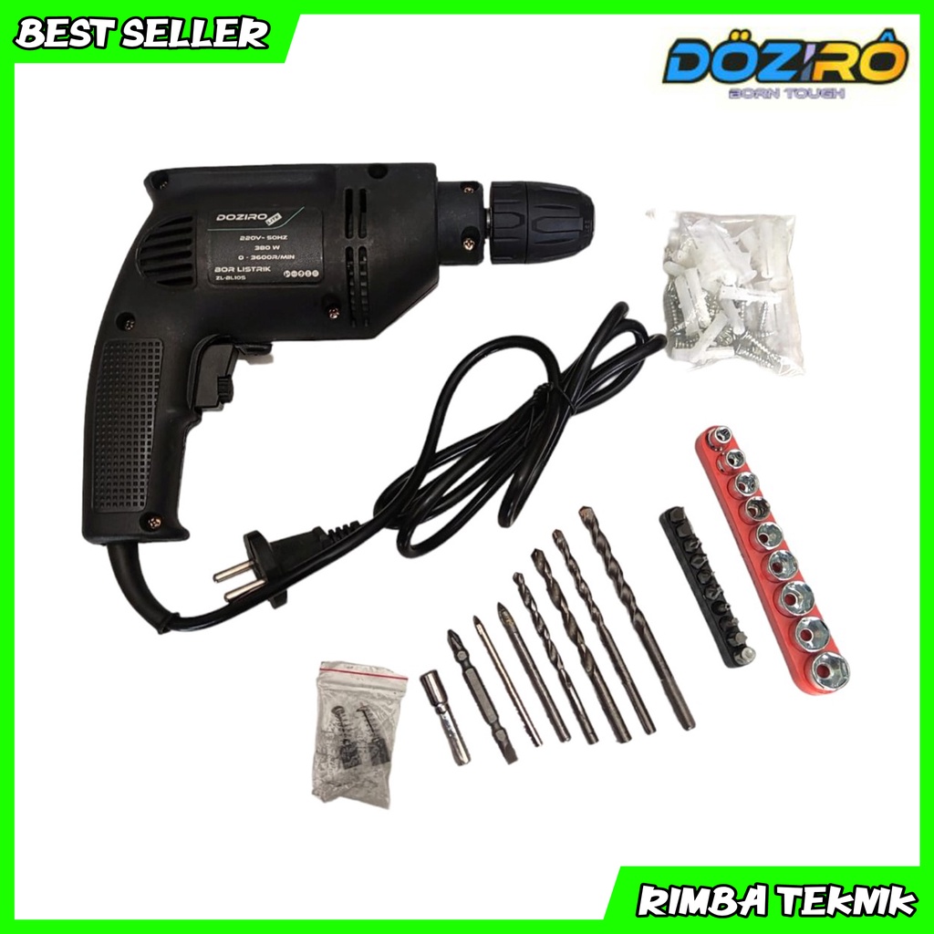 DOZIRO LITE Mesin Bor Kayu 10 mm Elektrik Drill Full Set Koper Free Aksesoris Sekrup Mata Bor Variabl Speed