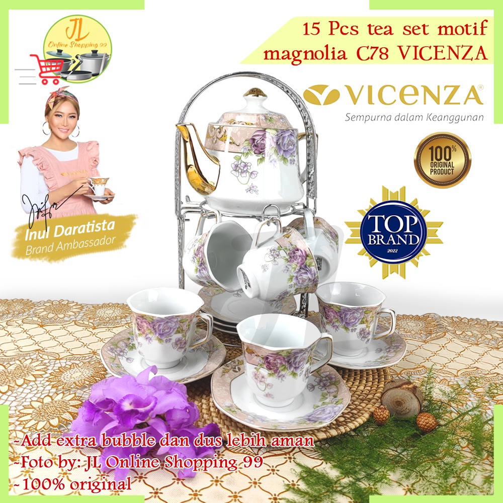 VICENZA Tea set porcelain motif C-78 Magnolia / cangkit set + teko / gelas teh kopi + tatakan