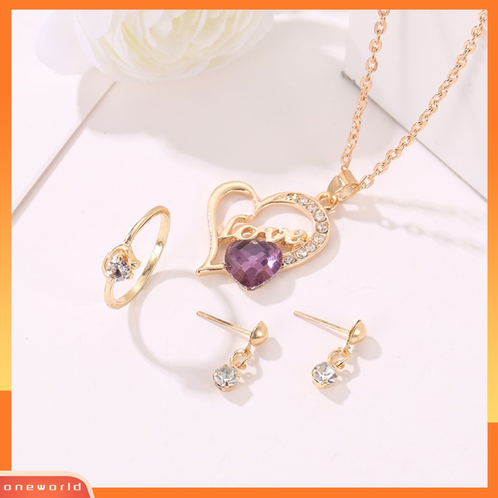 [oneworld] Cinta Hati Liontin Kalung Berlian Imitasi Hias Anting Cincin Wanita Set Perhiasan