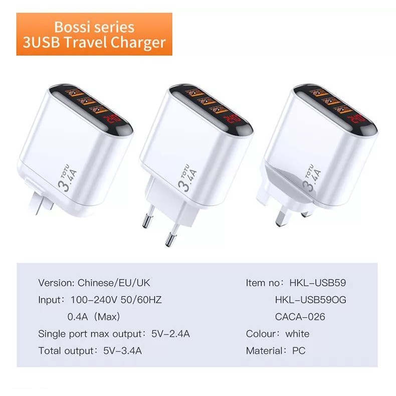 TOTU Kepala Charger USB Adapter 3 Port 3.4A Charger with Display