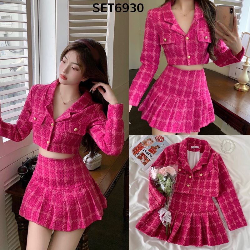 Baju Setelan one set 2in1 atasan bawahan linen Only You Tweed Set oneset Crop Blazer & Shorts skort 