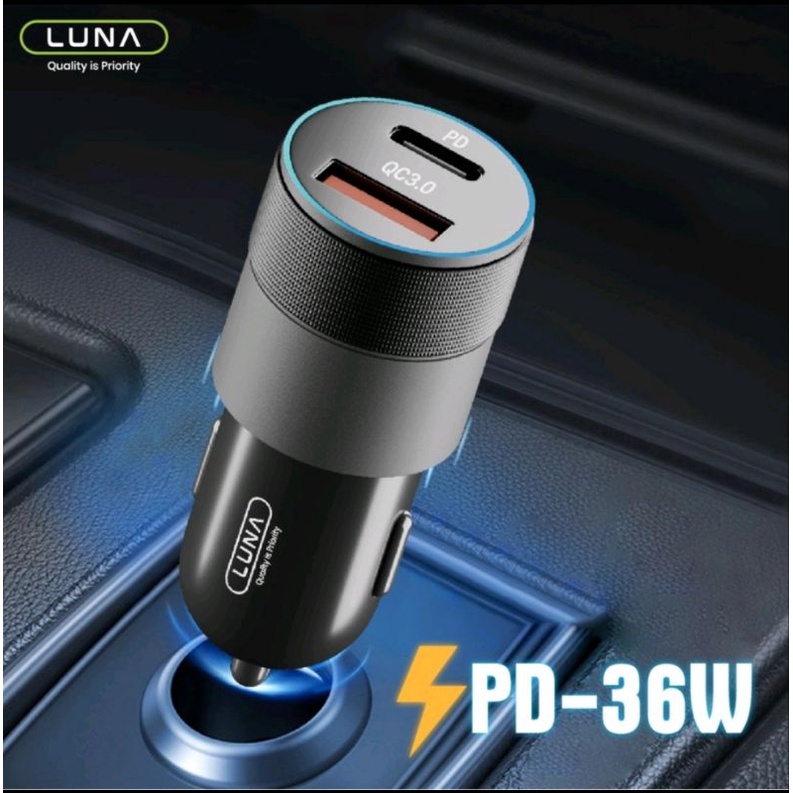 LUNA R1B3 CAR CHARGER COLOKAN MOBIL 2 PORT USB TYPE-C FAST CHARGING PD 36W QC 3.0 QUALCOMM