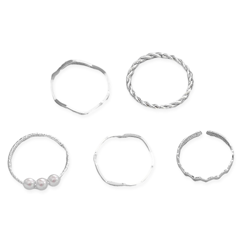 5pcs/set Cincin Logam Set Sederhana Mewah Mutiara Geometri Adjustable Jari Rings Wanita Perhiasan