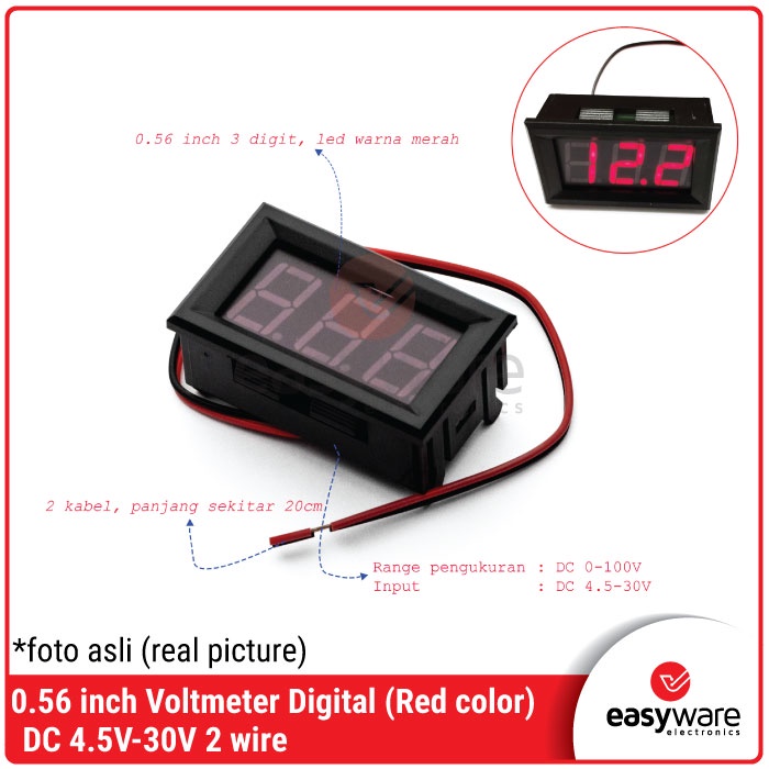 Voltmeter Digital 0.56 inch DC 4.5-100V 0.56&quot; Voltmeter Digital DC 2 kabel