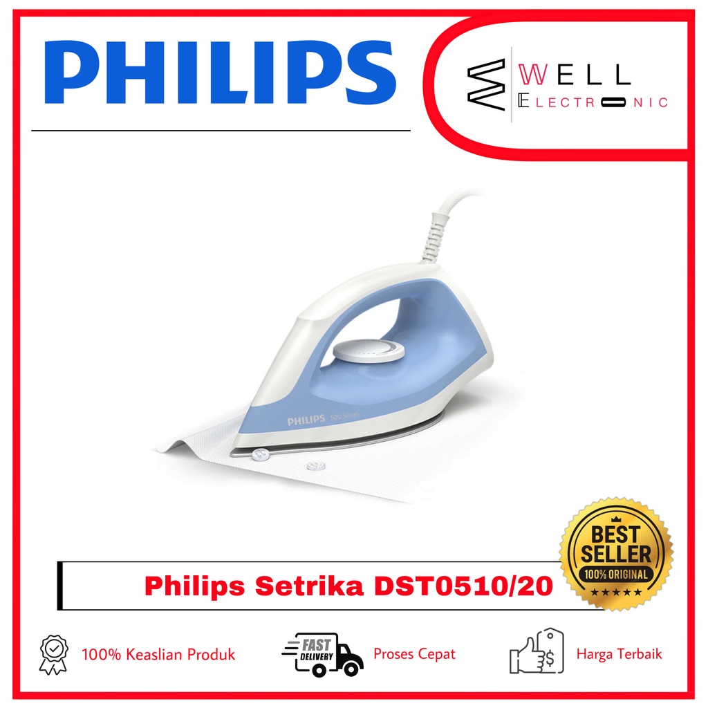 PHILIPS Dry Iron DST0510/20 Tapak Non-stick Setrika Kering DST 0510 Garansi Resmi - Biru