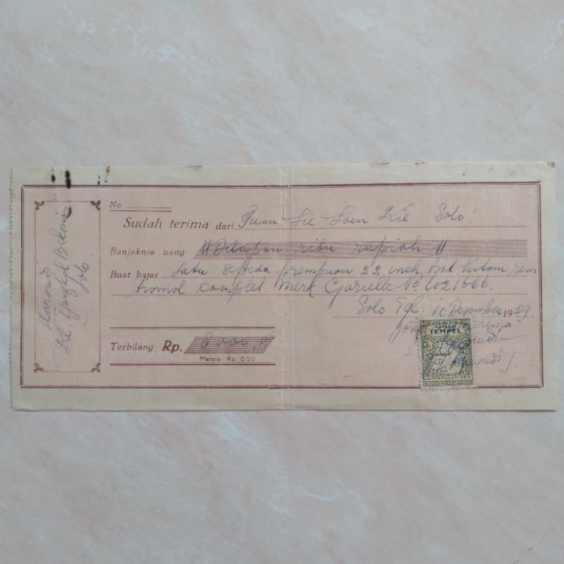 Koleksi Dokumen Kuno Jadul Kwitansi Pembelian Sepeda Gazelle 1959
