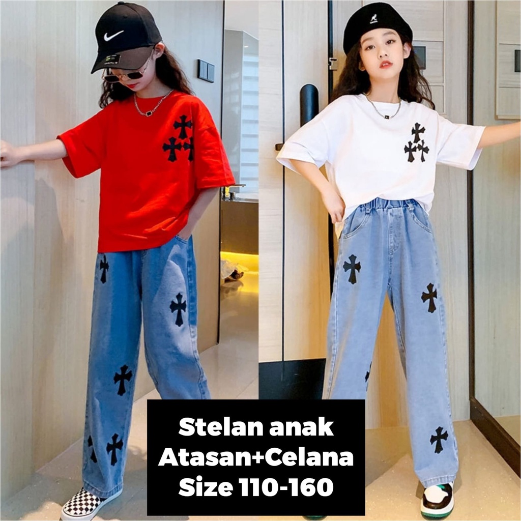 (LOLI-JKT) BS-391 STELAN ANAK CEWEK KARAKTER SALIB JEANS SIZE 110-160