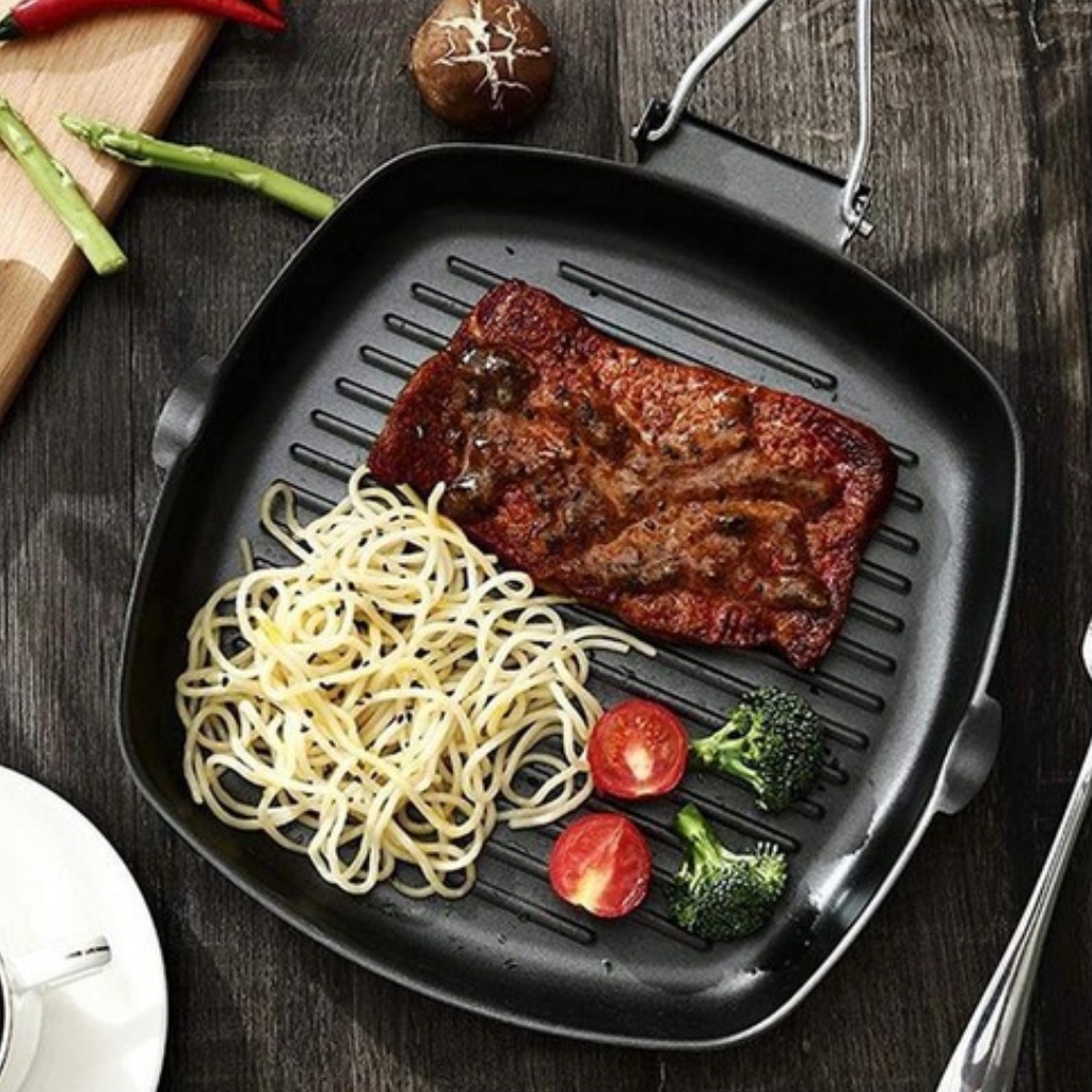 Panci Penggorengan steak dapat dilipat Panci pemanggang kotak / Square Grill pan 24cm 2602 Grill Pan with Folding Handle, Nonstick Grill Pan for Stove Tops, Induction Compatible KBBQ Grill Pan with Pour Spouts, Indoor Square BBQ Grilling Pan