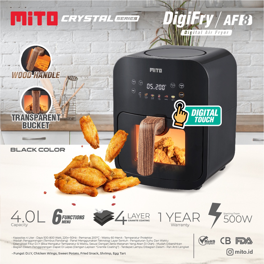 Mito Air Fryer AF8 Kapasitas 4 Liter | Penggoreng Menggoreng tanpa Minyak Mitochiba Wadah Transparan Garansi Resmi