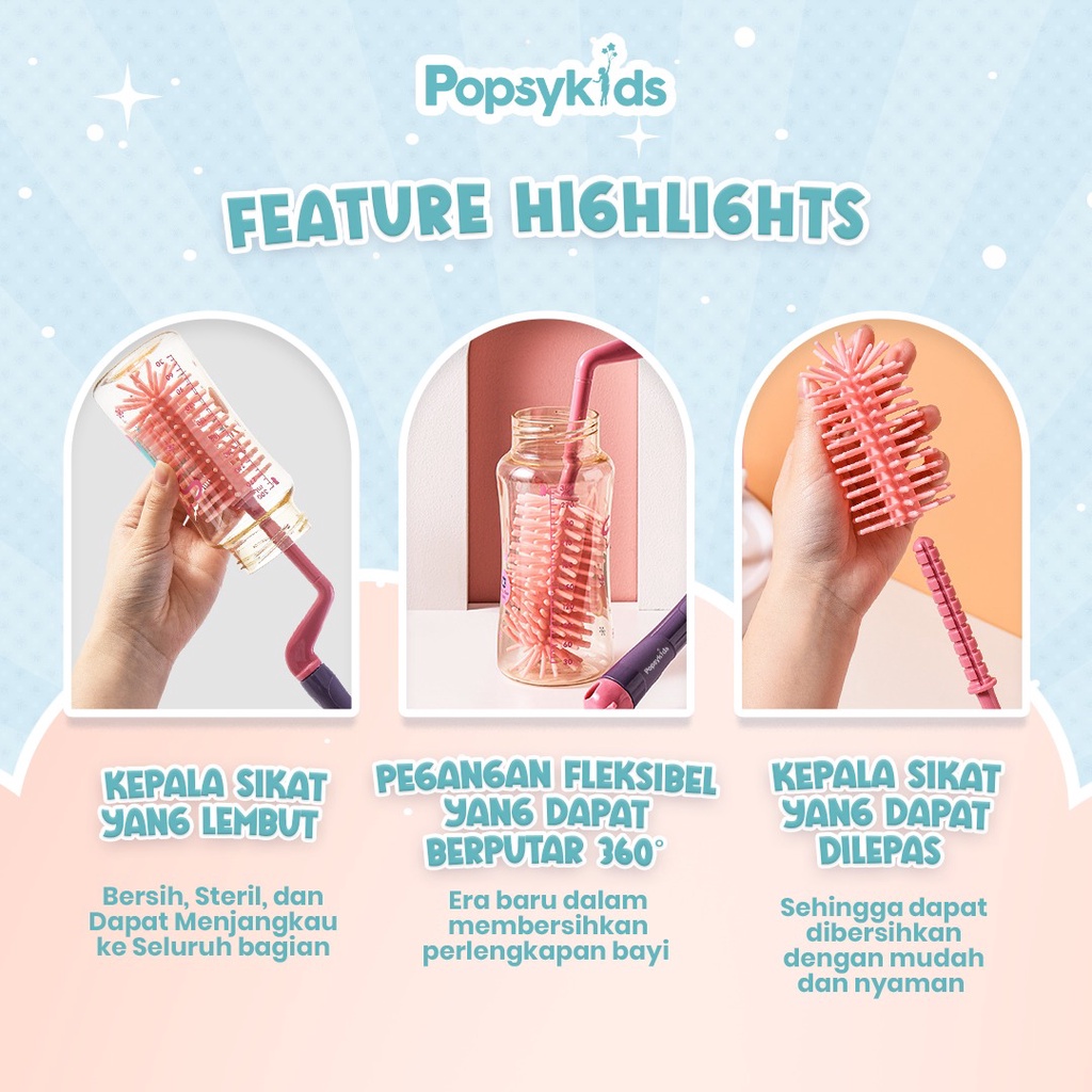 Popsykids Silicone Bottle Brush Set 3 in 1 | Sikat Botol Bayi Silikon 3 in 1 BPA Free