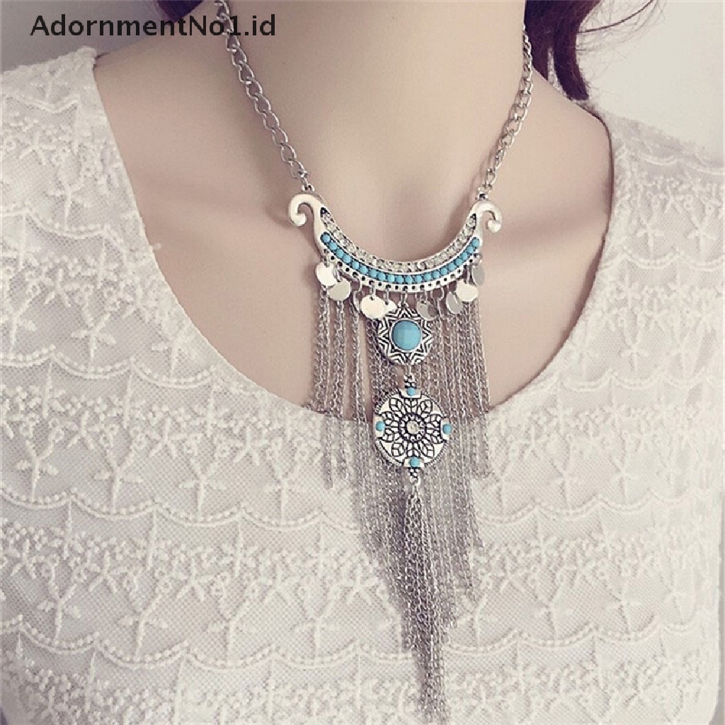 [AdornmentNo1] Retro Bohemian Gypsy Style Turquoise Tassel Rantai Panjang Choker Liontin Kalung [ID]