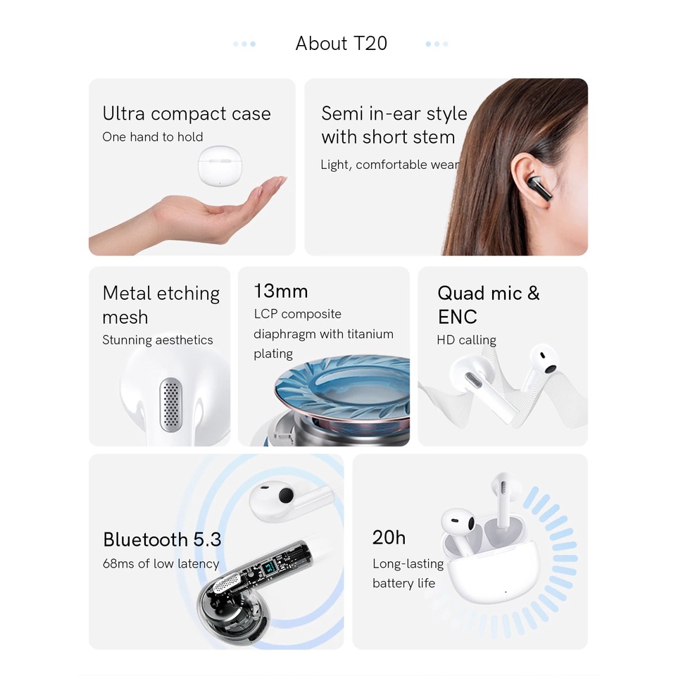 QCY Ailypods Headset TWS Bluetooth Earphone Wireless Noise Reduction - T20 - Black