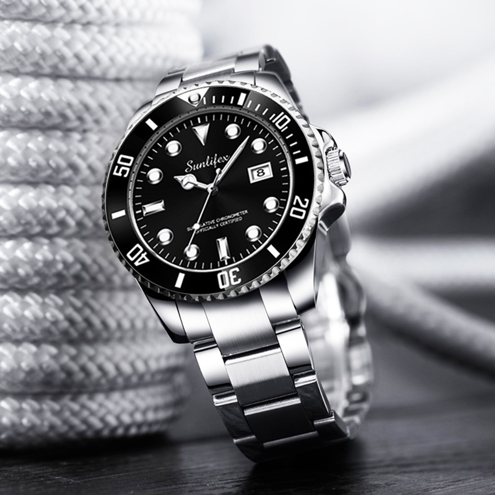 termurah sunlifex jam tangan pria 9001-a anti air original kalender kuarsa tali stainless steel