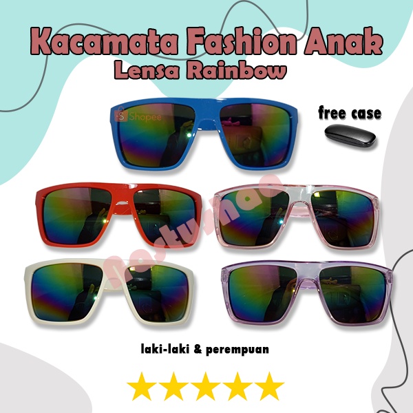 Kacamata Hitam Bingkai Kotak Anak Laki Laki Perempuan Korea Murah Lucu Lensa Rainbow Sunglasses Unisex FREECASE