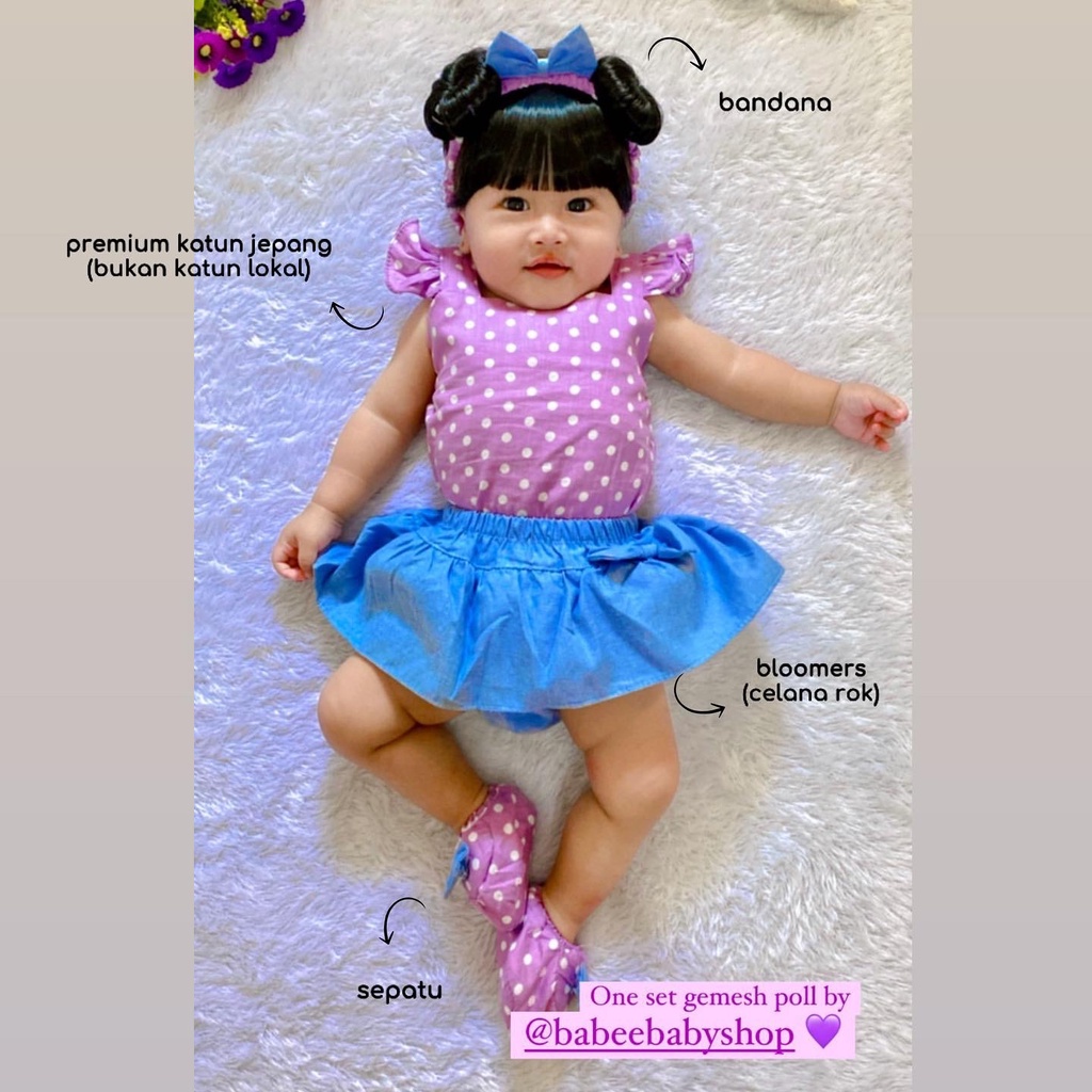 HK Bantal Jumper / Gempita ASTER POLKA BLOOMERS Baju Setelan Jumper Rok Bandana Sepatu Pergi Lucu Fashion Anak Bayi Perempuan Lucu