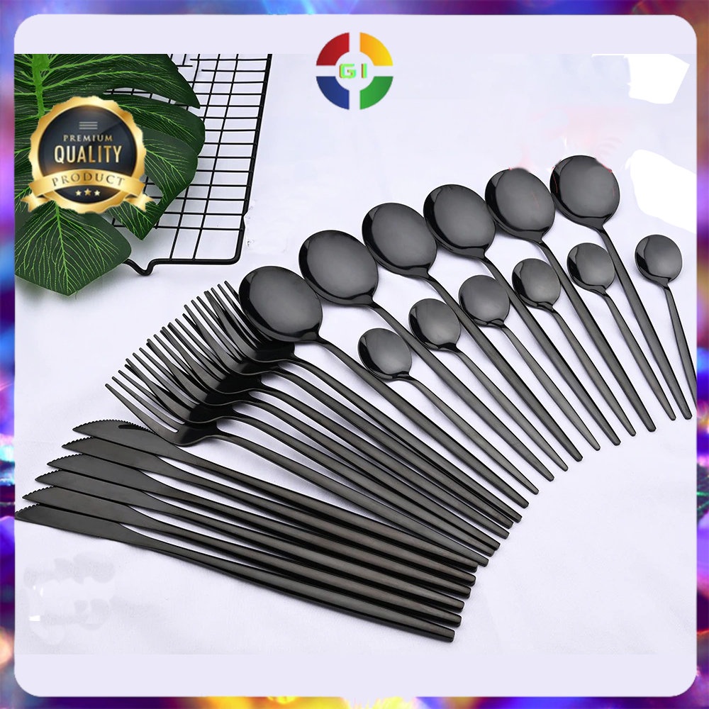 Perlengkapan Makan Sendok Garpu Pisau Cutlery 1 Set Isi 24 PCS Stainless Black