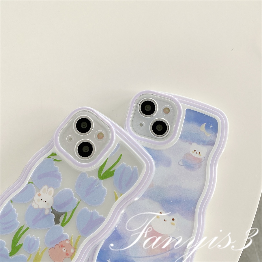 Compatible For iPhone 14 13 12 11 Pro Max X XR Xs Max 8 7 6 6s Plus SE 2020 Kompatibel Untuk Tulip Kelinci Beruang Gelombang Frame Phone Case TPU Soft Cover