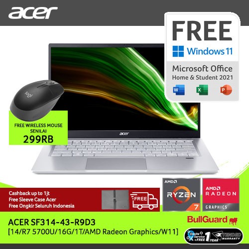 ACER SWIFT 3 RYZEN 5000 SF314-43-R9D3 [14"FHD/AMD RYZEN7-5700U/16GB/SSD 1TB,WINDOWS 11+OHS/SILVER]NX