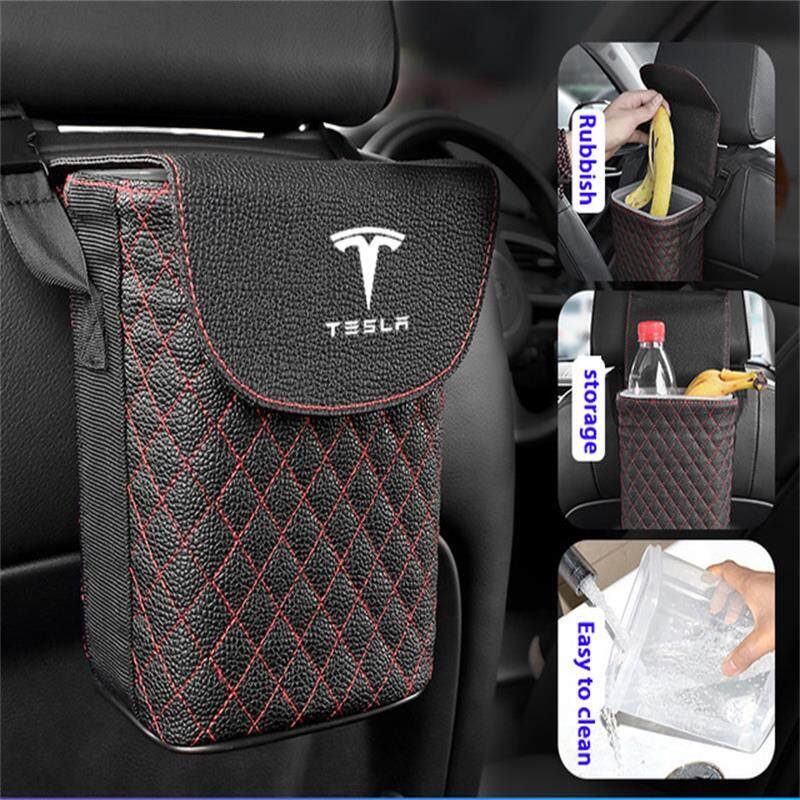 Cocok Untuk Tesla Tempat Sampah Gantung Mobil Storage Bin Leather Square Waste Bin Interior Fitting