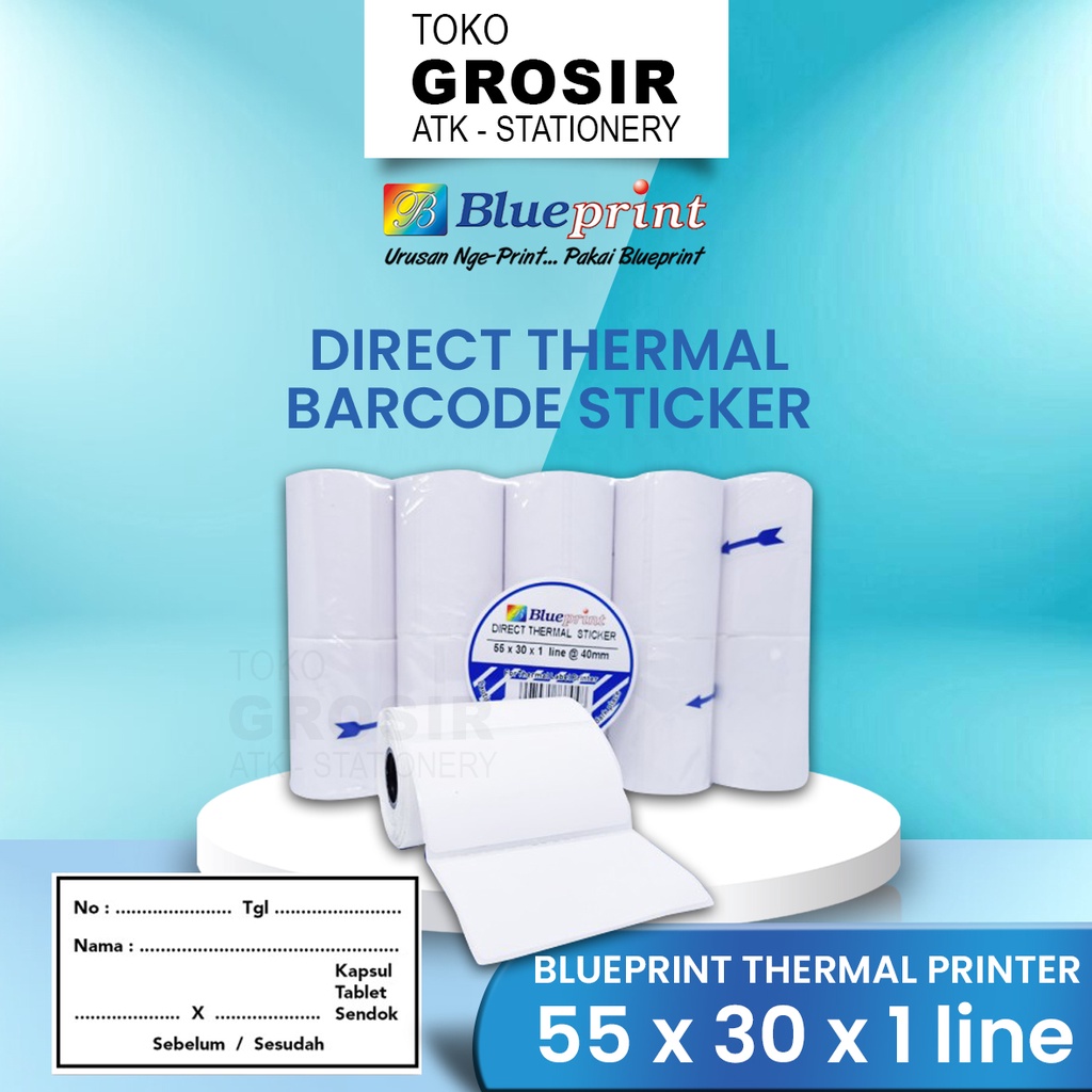 

55x30 (1 PACK) Kertas Thermal Sticker Barcode Stiker Label Termal BLUEPRINT Paper Roll ≈ 58MM