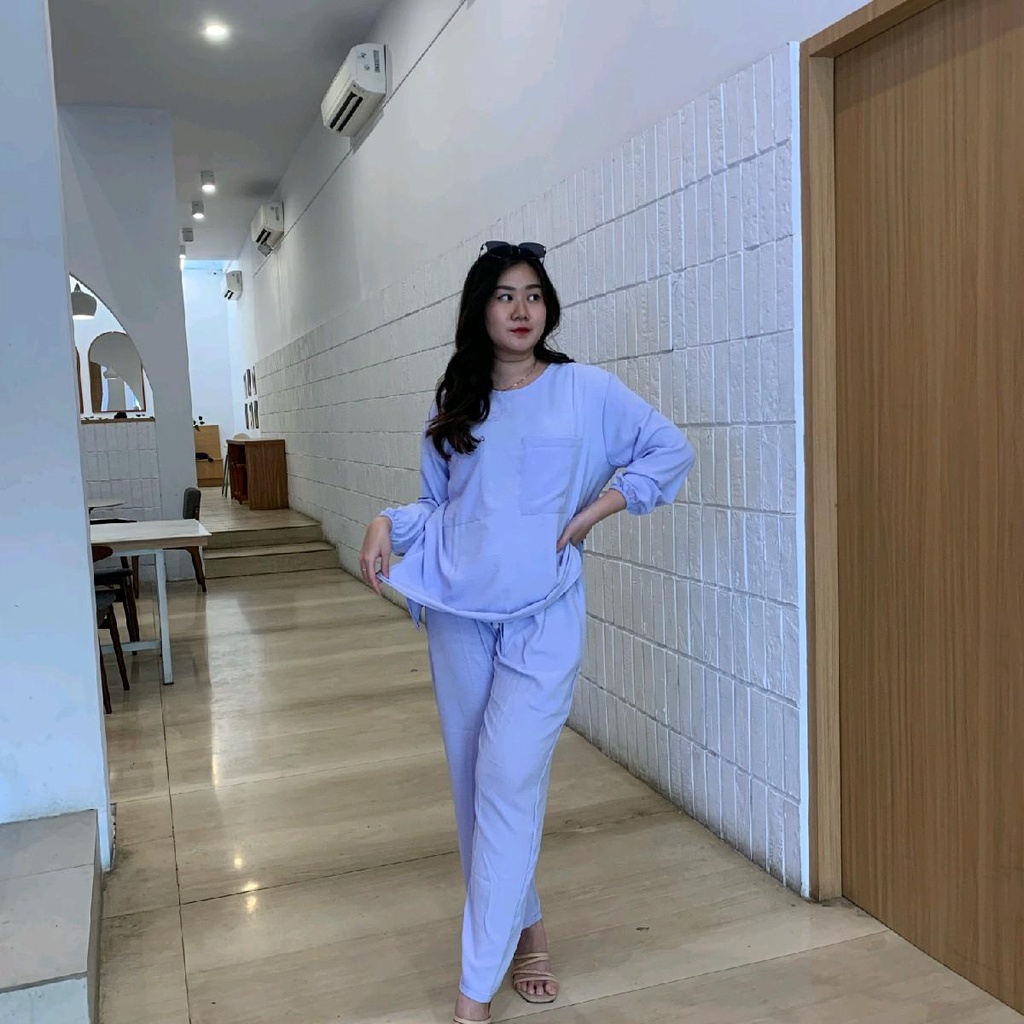 AVE Set Cey crinkle double pocket lengan panjang