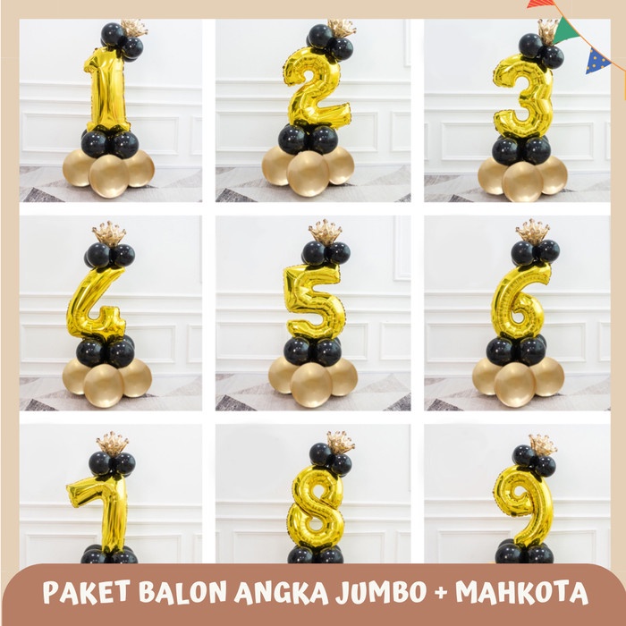 PAKET BALON ANGKA JUMBO CROWN MINI/ BALON ANGKA 100 CM GOLD BLACK