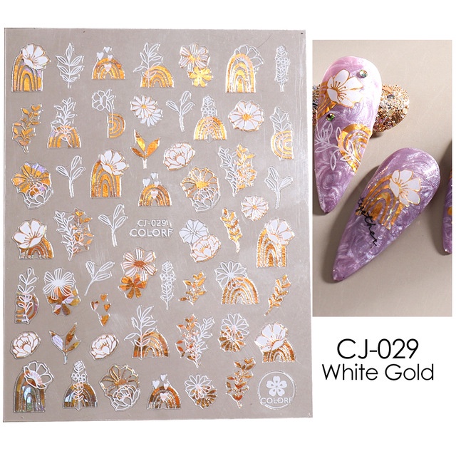 GELASA Stiker Kuku Nail Art Sticker Flower Mix Gold &amp; White Foil Hologram semi3D series CJ