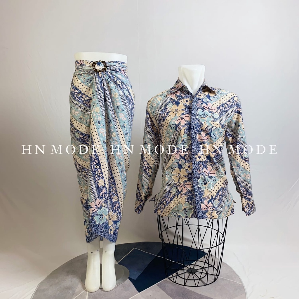 Gallery batik - Couple kemeja batik pria lengan panjang mix rok lilit motif coin / Baju pasangan sar