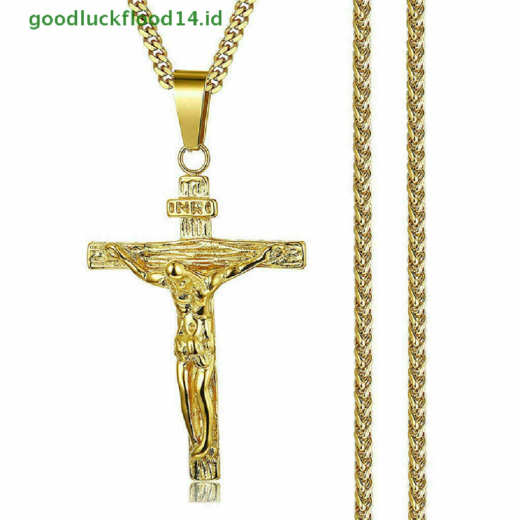 [GOOGFOUR] Pria Perak Stainless Steel Yesus Kristus Salib Salib Liontin Kalung Rantai [TOP]