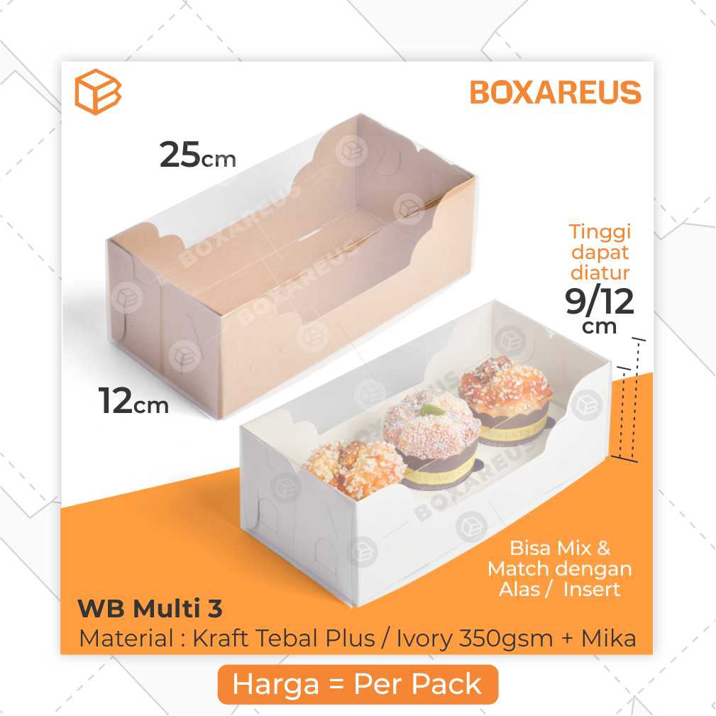 Box Mika Roll Cake Dus Cupcake isi 3 Packaging Bolu Gulung Atur Tinggi | WB Multi 3