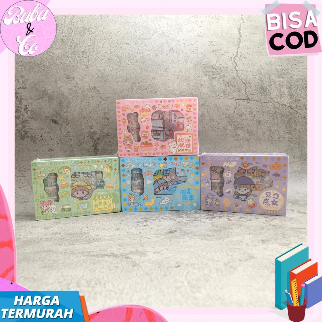 STIKER BOX MOMO YSR001 STICKER 10 LEMBAR + 4 ROLL STIKCER WASHI TAPE LUCU UNIK SET MOMO SENMU YSR 00