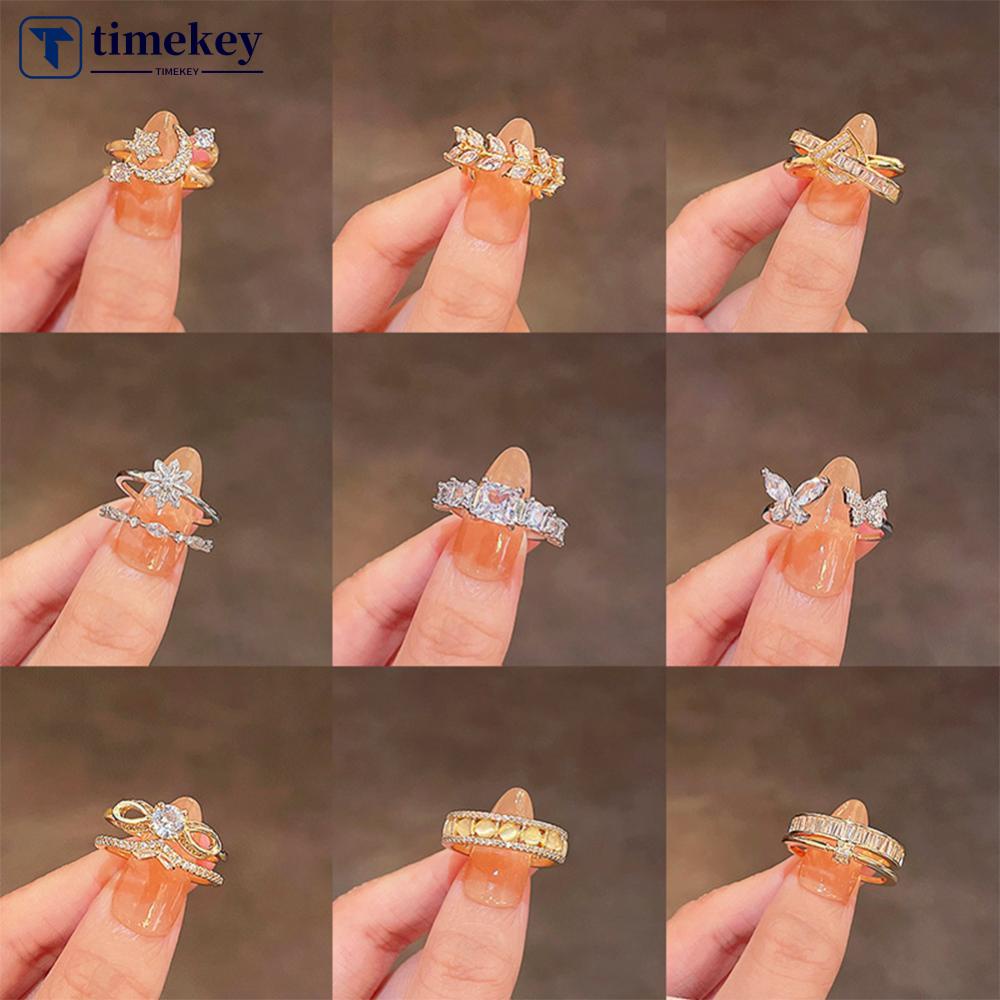 Timekey Fashion Niche Cincin Shiny Indah Zirkon Cincin Sederhana Terbuka Dapat Disesuaikan Cincin Perhiasan Aksesori Untuk Wanita I1V4