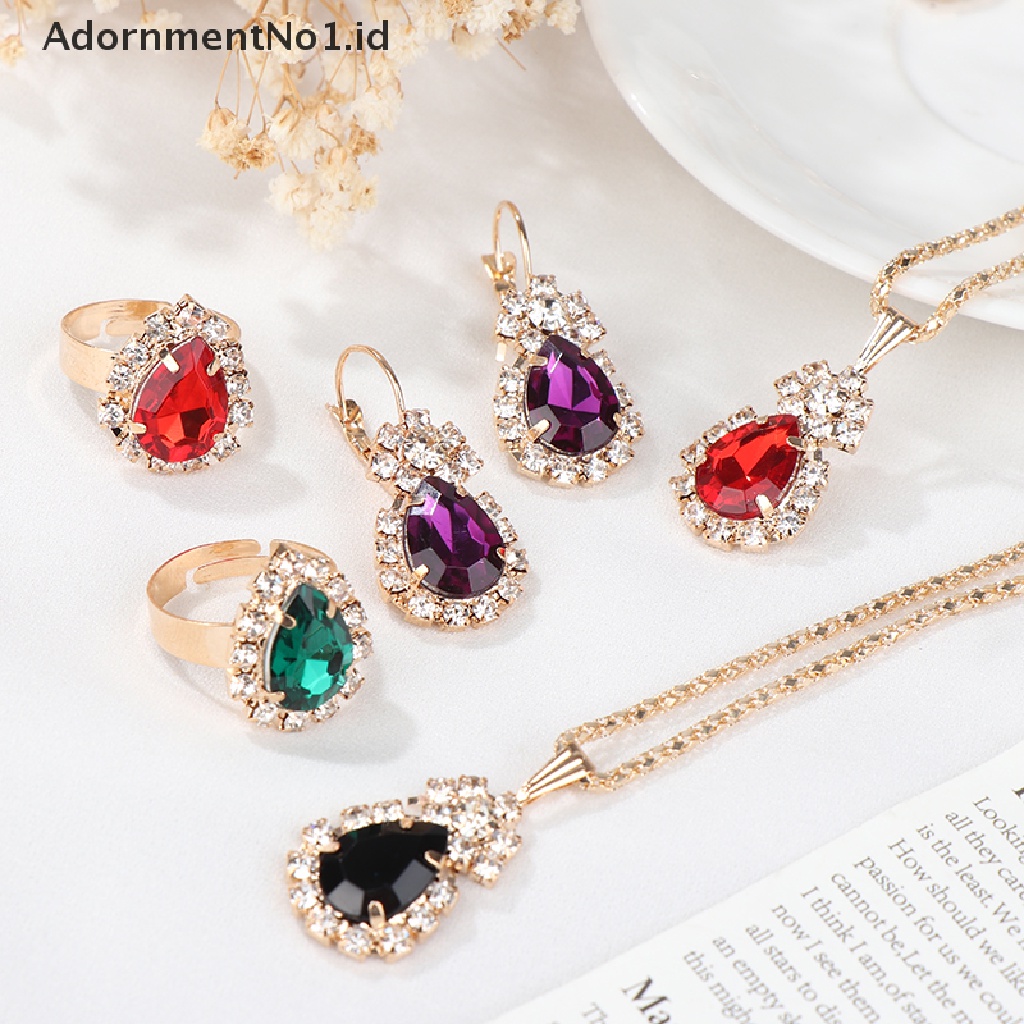 [AdornmentNo1] Fashion Eropa Amerika Perhiasan Liontin Anting Cincin Set Pengantin Dekorasi Hadiah Tetesan Air Berlian Kalung Anting Rings Set [ID]