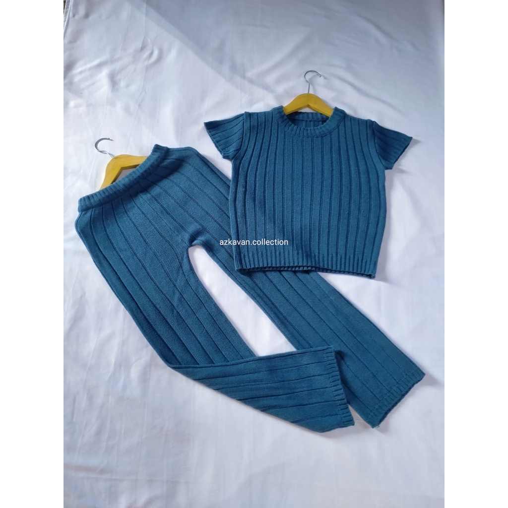 ONE Set blouse salur tangan pendek VS celana kulot Rajut anak umur 4-7-8-9-10-12 tahun/ pakaian anak
