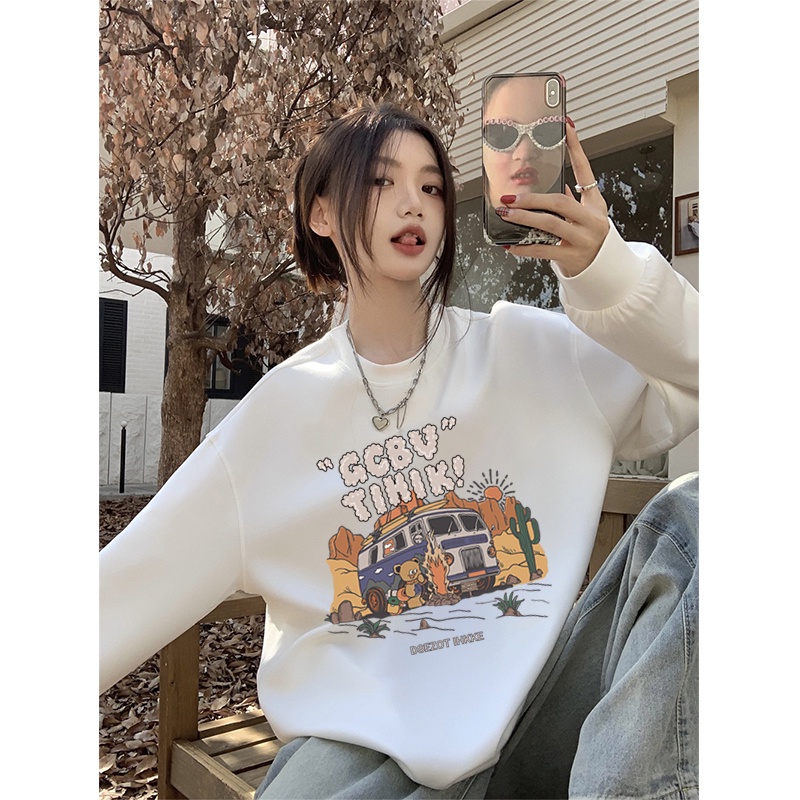 Kaos Stasan Wanita Oversize Couple Sweater American Vintage Cartoon Graphic Priting Top Kekinian Casual Sweater/baju kaos polos