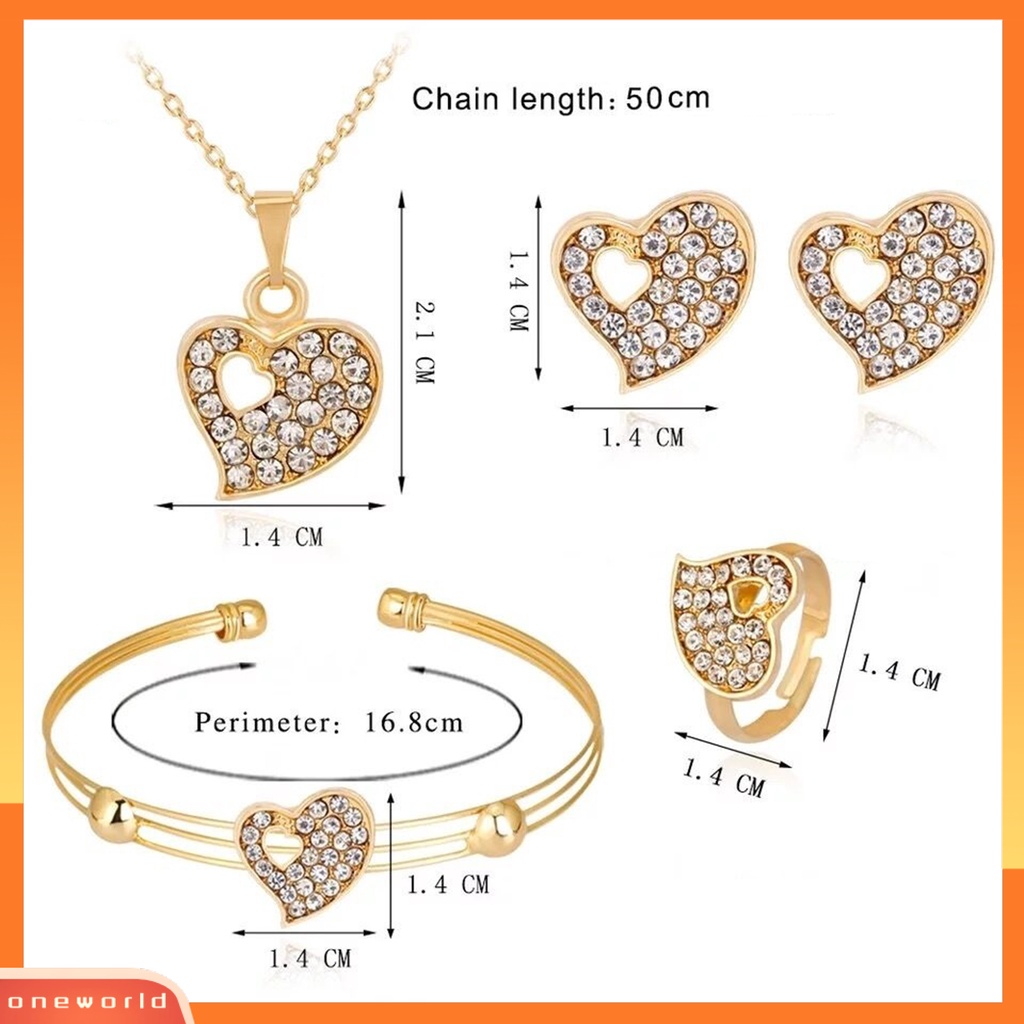 [oneworld] 4pcs/set Perhiasan Wanita Bentuk Hati Hias Berlian Imitasi Warna Emas Shiny Lady Gelang Cincin Set Untuk Pernikahan