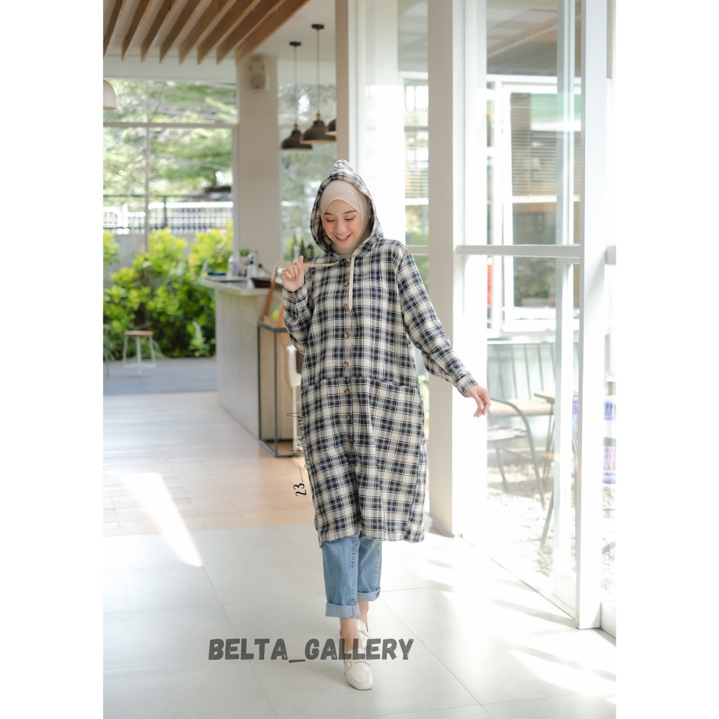 Long Tunik Flanel Kotak Wanita Size Standar Jumbo Free Belt Flanel Halus Premium