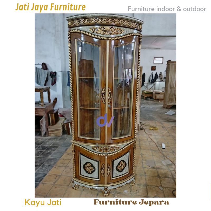 Lemari pojok kayu jati / lemari sudut hias ruang tamu lemari pajangan kaca