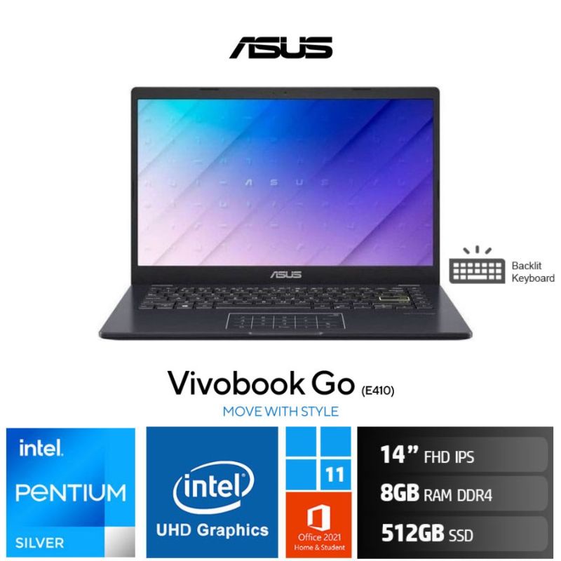 Asus VivoBook E410KAO-VIPS651 Pentium Silver N6000/8GB/512GB SSD/14″FHD/Win 11+OHS 2021 - Peacock Bl