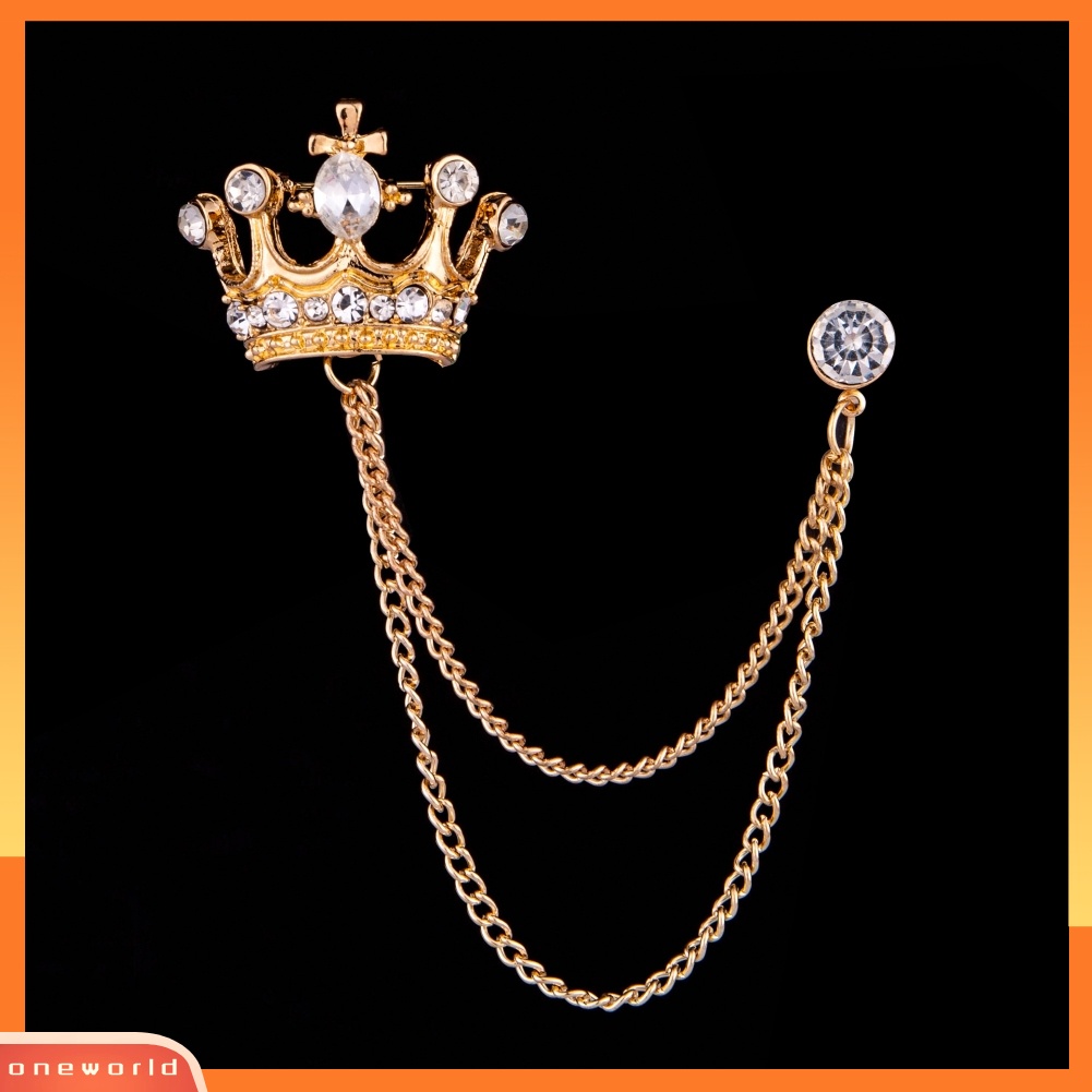 {oneworld} Unisex Bentuk Mahkota Bros Rumbai Rantai Kerah Pin Retro Korsase Aksesori Jas