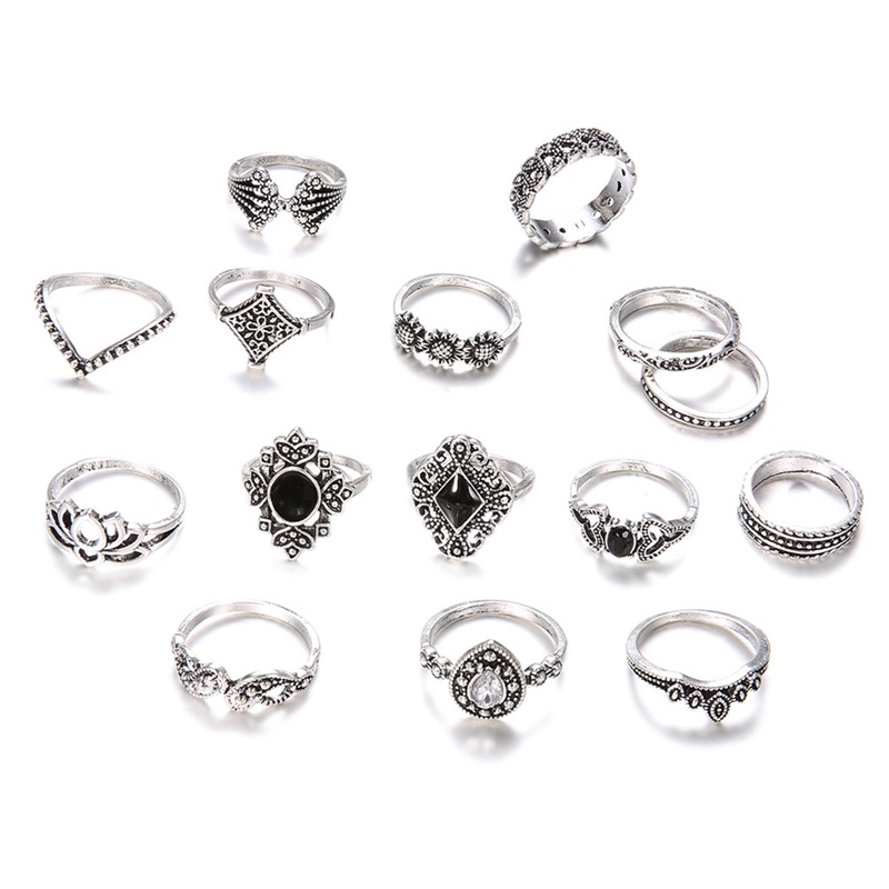 15pcs/set Cincin Untuk Anak Perempuan Hitam Set Cincin Fashion Perhiasan Gaya Bohemian Bague Pasangan Anillo Schmuck Aksesoris Untuk Wanita