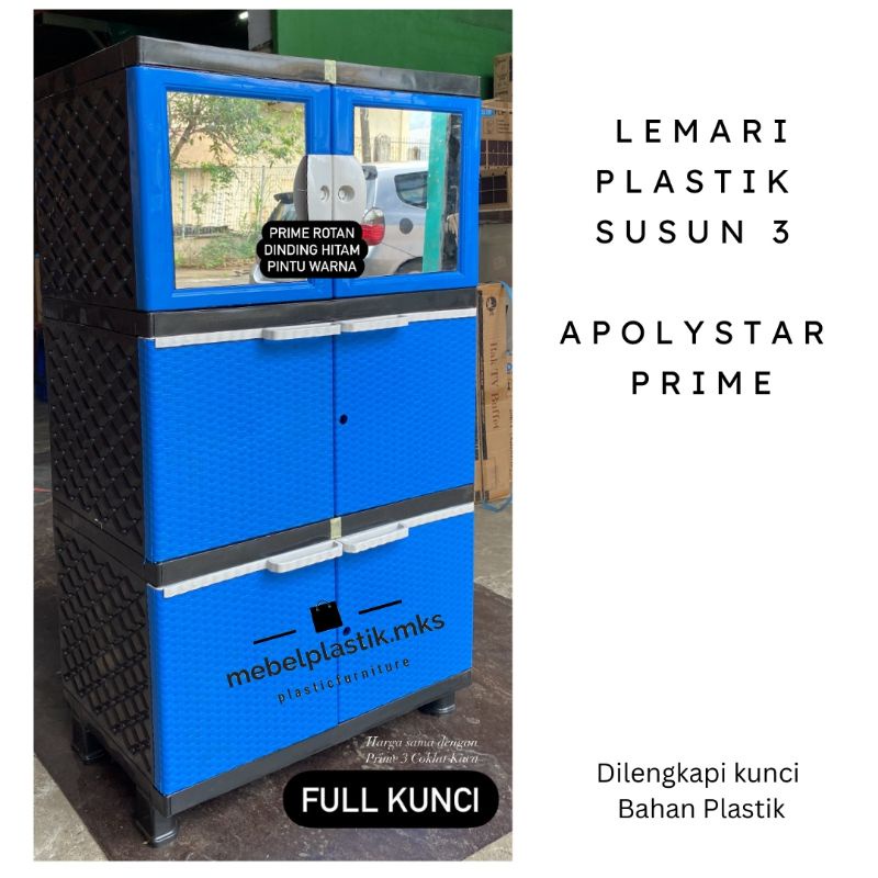 Lemari Plastik Murah Kuat Rotan Cermin/ Lemari Pakaian Apolystar Prime Kunci Susun 3 Susun 4