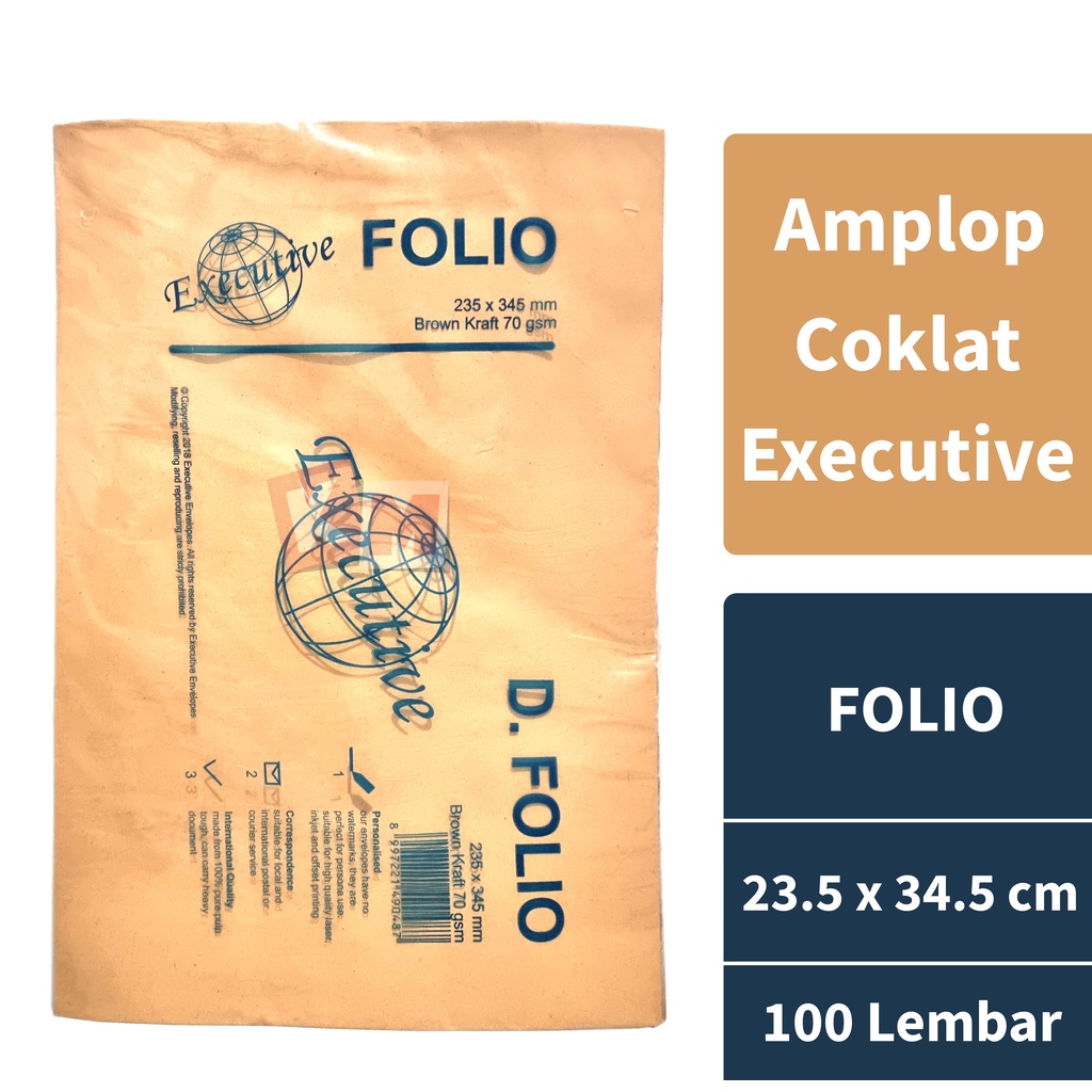 Amplop Coklat Executive Ukuran Folio (D) Tanpa Lem 23.5x34.5 cm Isi 100 Lembar