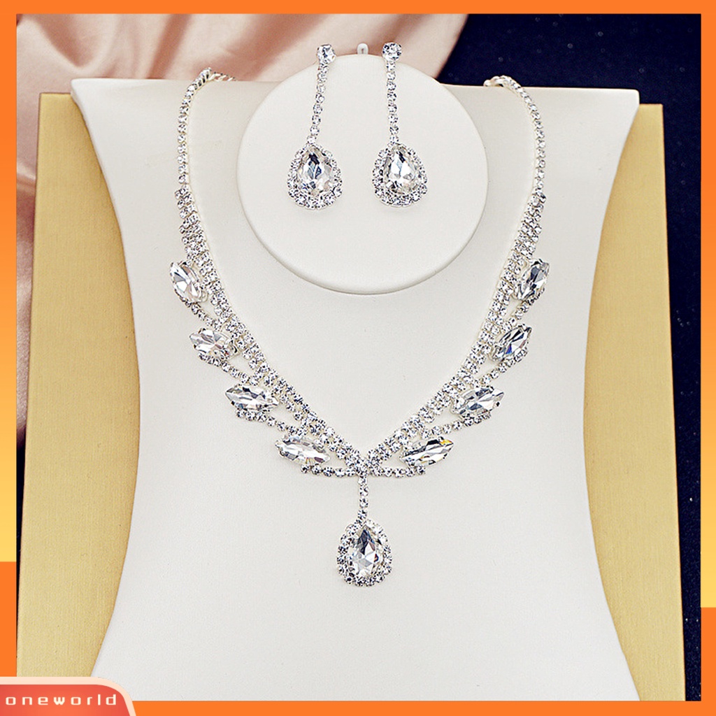 [oneworld] 1set Kalung Anting Pengantin Berbentuk Tetesan Air Perhiasan Berlian Imitasi Set Perhiasan Berkilau Elektroplating Untuk Pernikahan