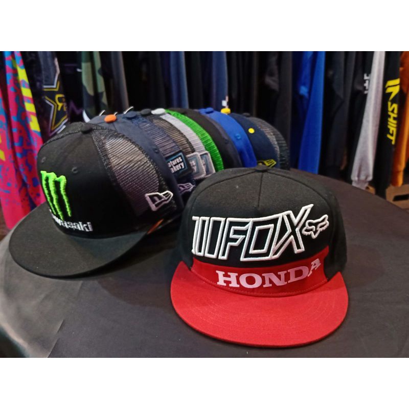 TOPI SNAPBACK FOX HONDA HITAM MERAH ABU ABU TRAIL MOTOCROSS TRUCKER JARING ORIGINAL KEREN CEWEK COWO