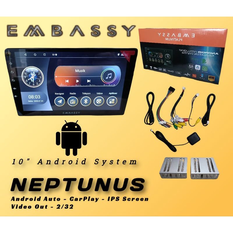 Head unit Android Embassy 10 Inch Memory 2/32Gb BONUS KAMERA PARKIR