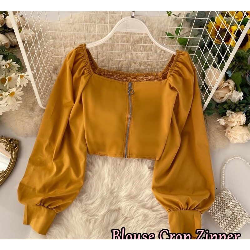 Outer Zipper Crop Top Balon Atasan Casual Wanita Korea