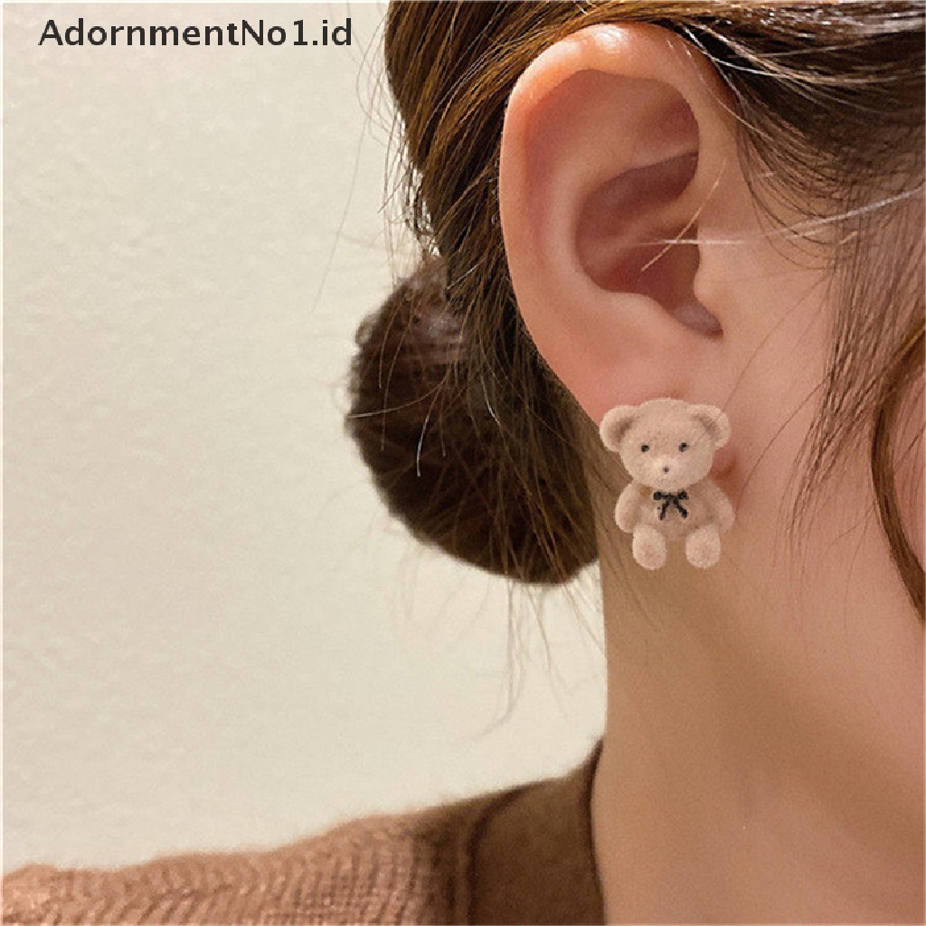 [AdornmentNo1] Lucu Flocking Plush Rabbit Bear Stud Earrings Gadis Kawaii Perhiasan Anting Hewan [ID]